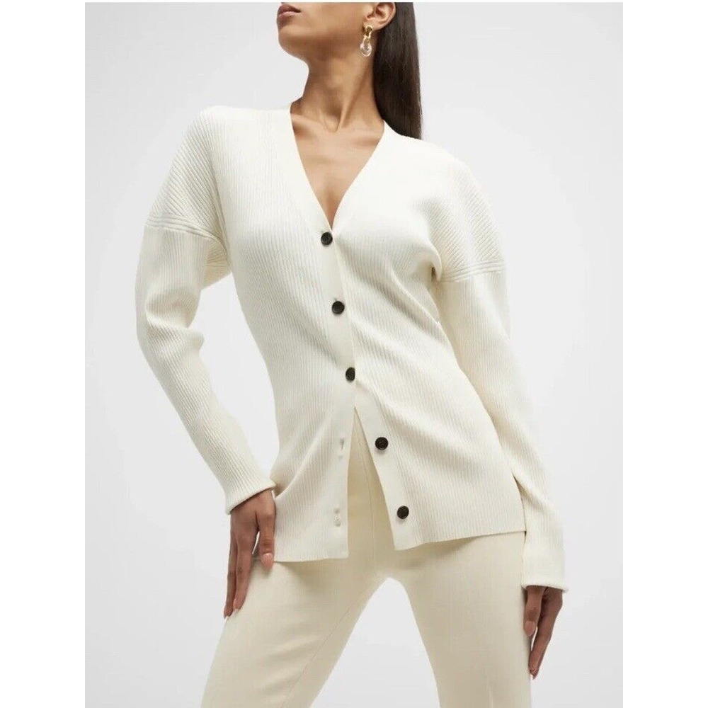 A.L.C. Ellen Off White Ribbed Stretch Button Cardigan S Discoloration See Pics